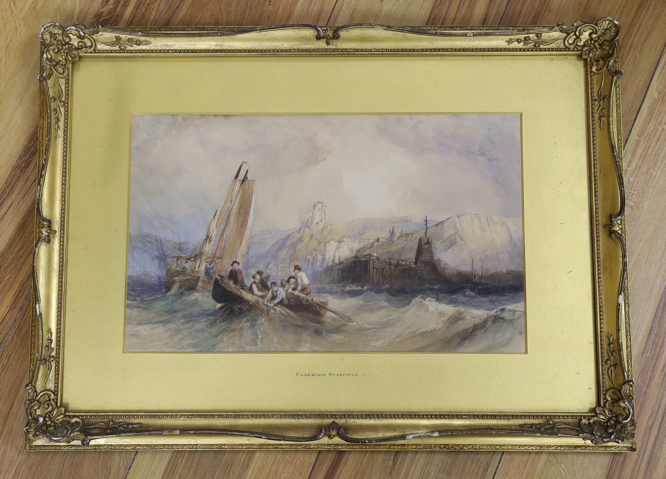 Attributed to William Clarkson Stanfield RA (1793-1867), watercolour, 'Shipping off Yorkshire Coast', 23 x 37.5cm